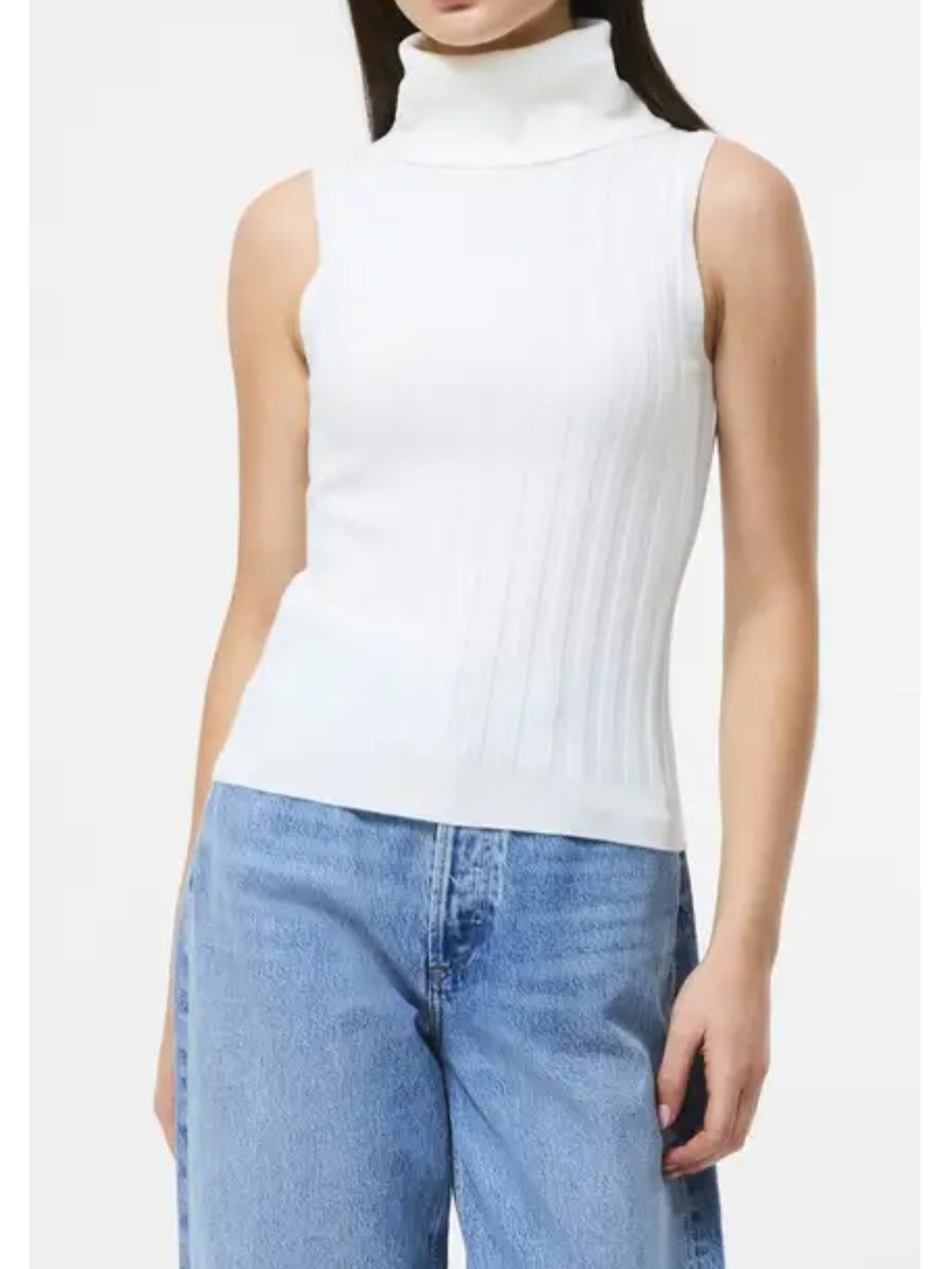 French Connection White Sleeveless Ribbed Turtleneck Tank